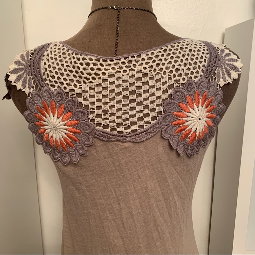 Robin K Lavender Crochet-Back Tank with Orange Daisy Appliqués